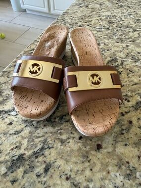 Michael Kors Brown Leather Slides with Gold MK Plaque